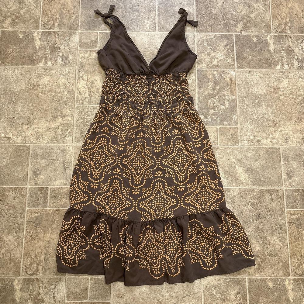 Vtg DEPT Brown Orange Batik Print Midi Dress M Y2K Boho Smocked Empire Waist